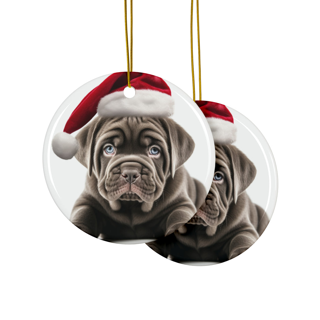 Hanging Ceramic Christmas Tree Ornament with Gold String - Neapolitan Mastiff Puppy Design, view 2