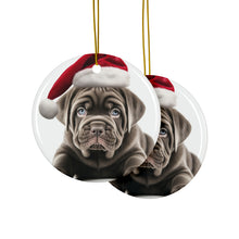 DistinctInk Hanging Ceramic Christmas Tree Ornament with Gold String - Great Gift/Present - 2 3/4 inch Diameter - Neapolitan Mastiff Puppy Design