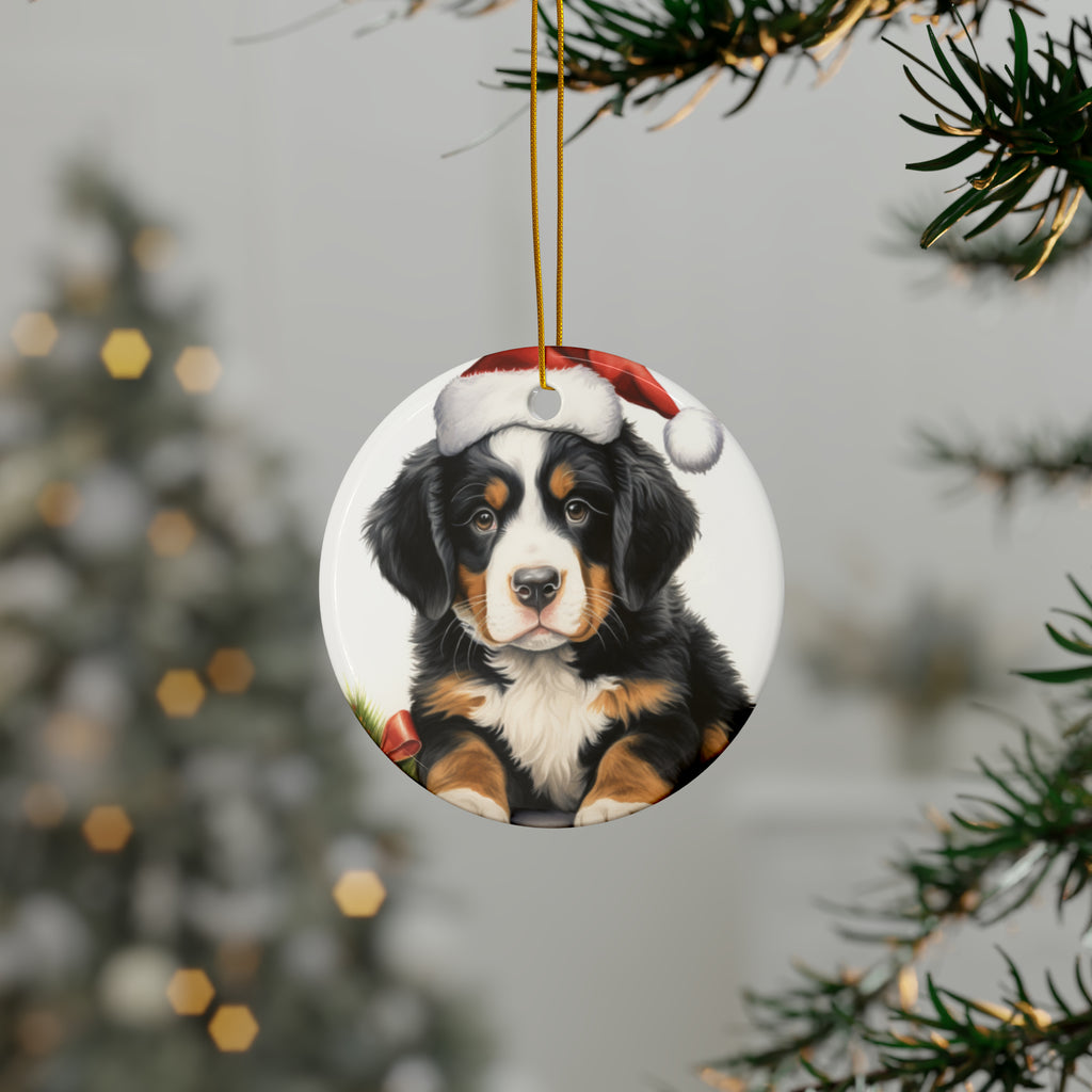 Hanging Ceramic Christmas Tree Ornament with Gold String - Bernese Mountain Dog Puppy Drawing Design, view 3