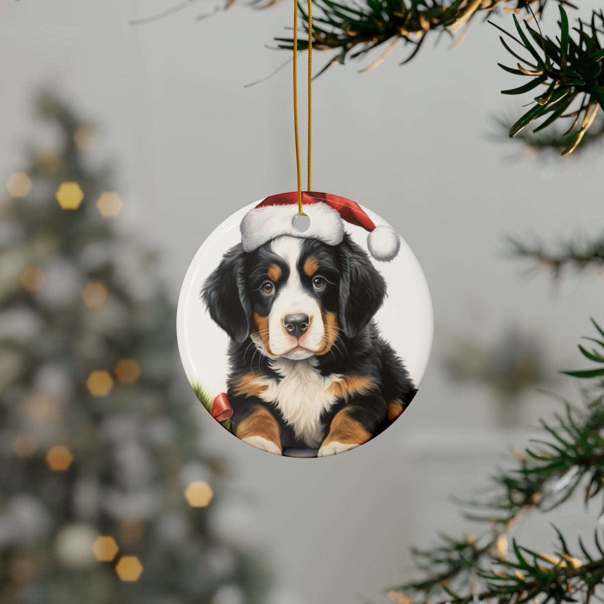 Hanging Ceramic Christmas Tree Ornament with Gold String - Bernese Mountain Dog Puppy Drawing Design, view 3