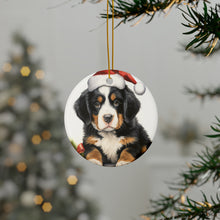DistinctInk Hanging Ceramic Christmas Tree Ornament with Gold String - Great Gift/Present - 2 3/4 inch Diameter - Bernese Mountain Dog Puppy Drawing Design