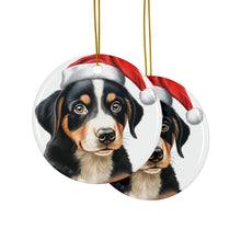 DistinctInk Hanging Ceramic Christmas Tree Ornament with Gold String - Great Gift/Present - 2 3/4 inch Diameter - Entlebucher Mountain Dog Puppy Drawing Design