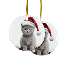 DistinctInk Hanging Ceramic Christmas Tree Ornament with Gold String - Great Gift/Present - 2 3/4 inch Diameter - British Shorthair Kitten Design