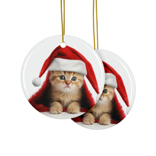 DistinctInk Hanging Ceramic Christmas Tree Ornament with Gold String - Great Gift/Present - 2 3/4 inch Diameter - OciKitten Kitten Design