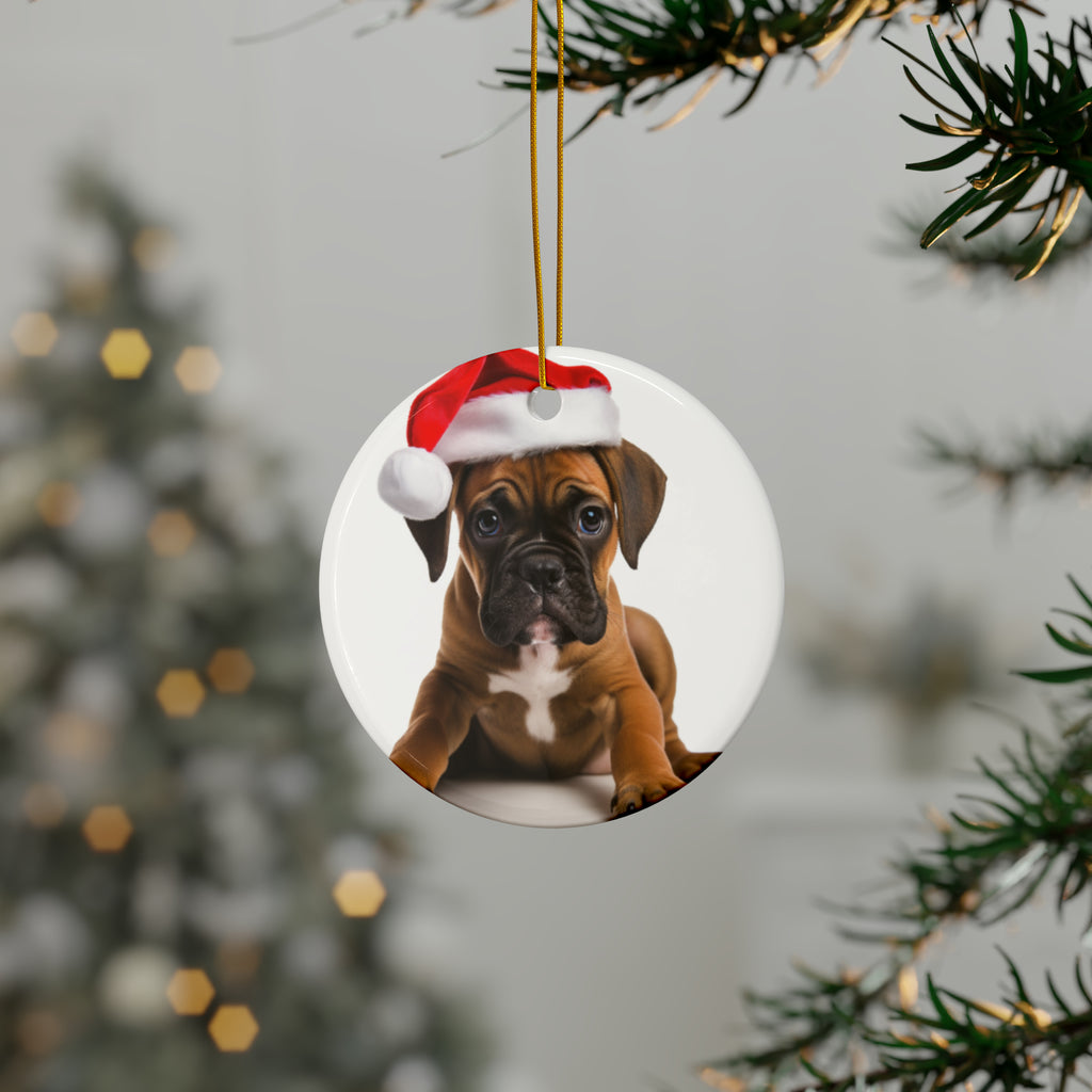Hanging Ceramic Christmas Tree Ornament with Gold String - Boxer Puppy Design, view 3