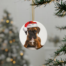 DistinctInk Hanging Ceramic Christmas Tree Ornament with Gold String - Great Gift/Present - 2 3/4 inch Diameter - Boxer Puppy Design