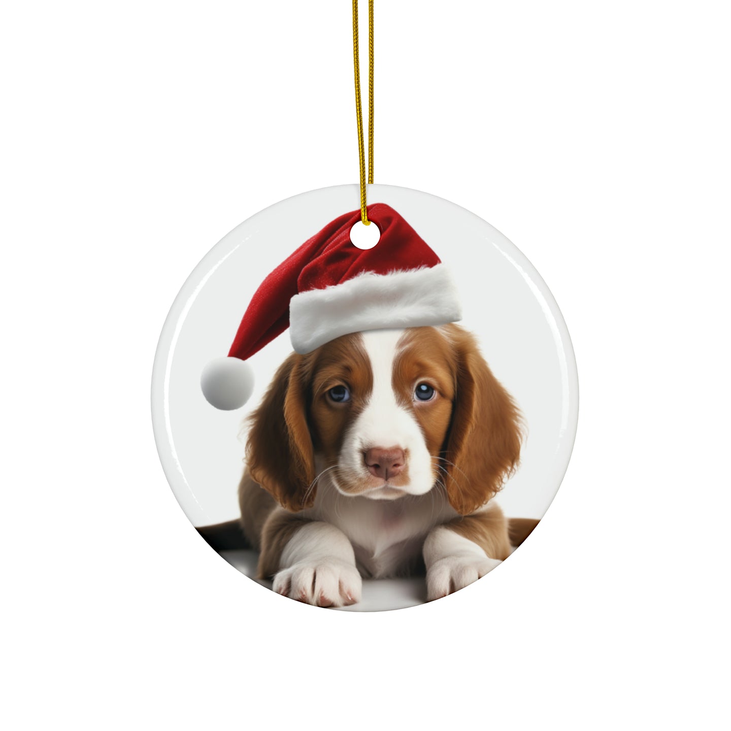 DistinctInk Hanging Ceramic Christmas Tree Ornament with Gold String - Great Gift/Present - 2 3/4 inch Diameter - Welsh Springer Spaniel Puppy Design