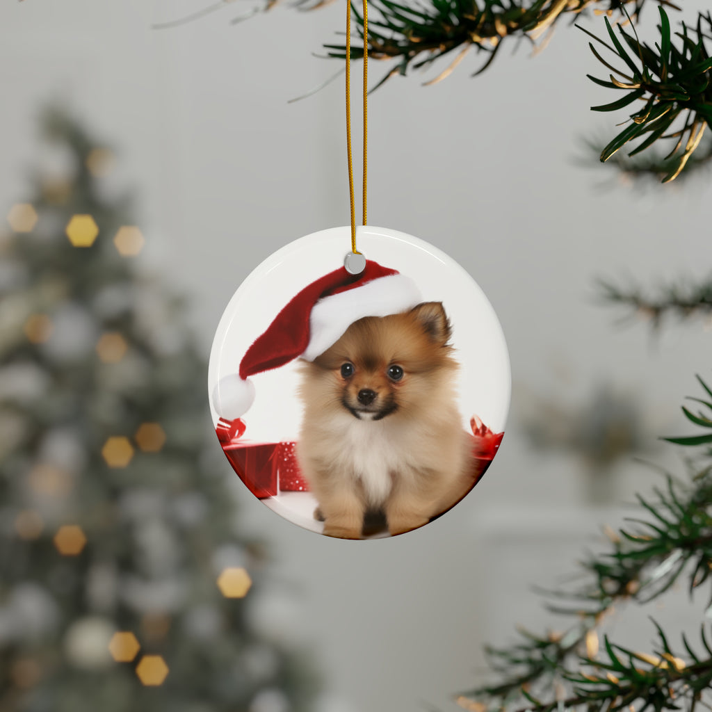 Hanging Ceramic Christmas Tree Ornament with Gold String - Pomeranian Puppy Design, view 3