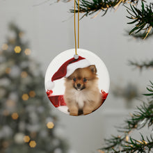 DistinctInk Hanging Ceramic Christmas Tree Ornament with Gold String - Great Gift/Present - 2 3/4 inch Diameter - Pomeranian Puppy Design