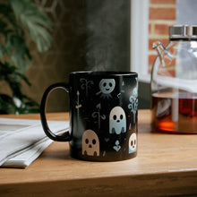 DistinctInk Black Coffee Mug - Ghastly Skeletal Shadows for Halloween