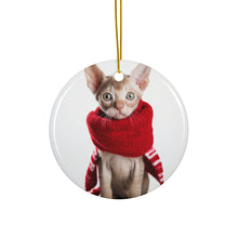 DistinctInk Hanging Ceramic Christmas Tree Ornament with Gold String - Great Gift/Present - 2 3/4 inch Diameter - Devon Rex Kitten Design