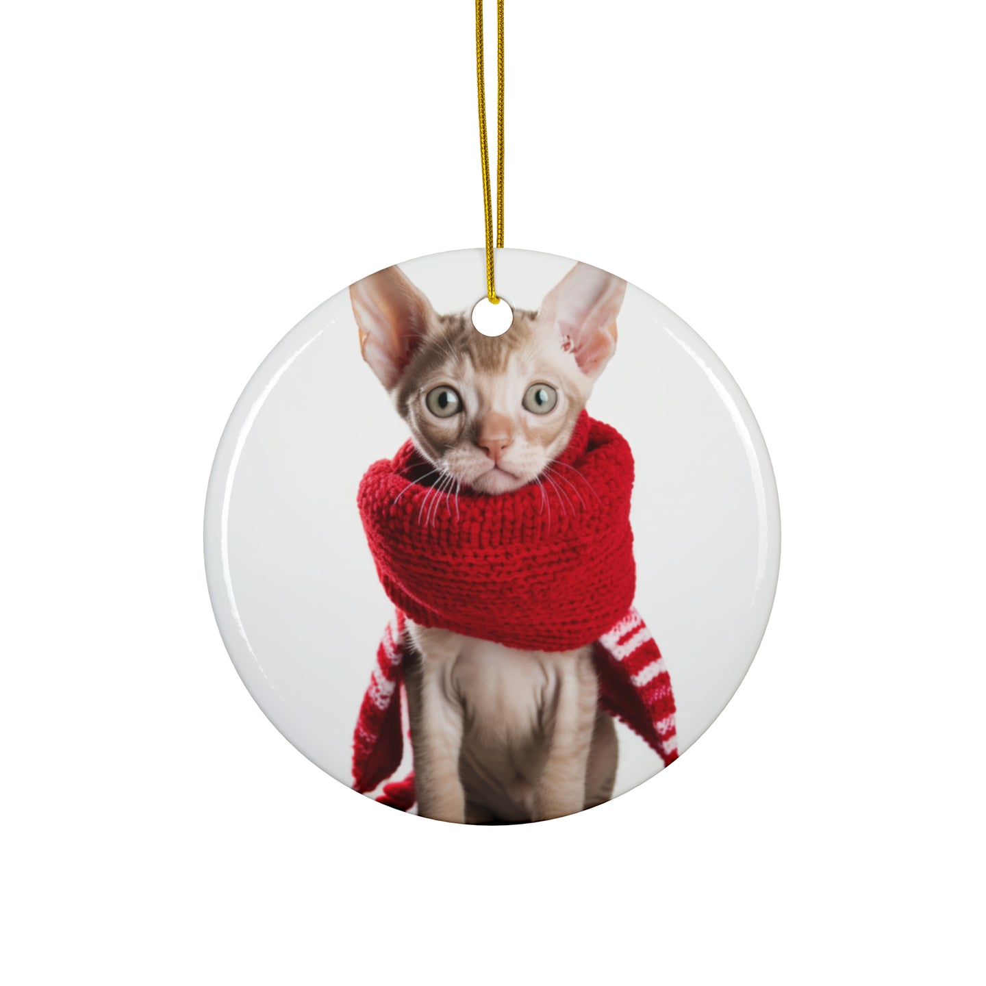 DistinctInk Hanging Ceramic Christmas Tree Ornament with Gold String - Great Gift/Present - 2 3/4 inch Diameter - Devon Rex Kitten Design