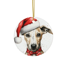 DistinctInk Hanging Ceramic Christmas Tree Ornament with Gold String - Great Gift/Present - 2 3/4 inch Diameter - Whippet Puppy Drawing Design