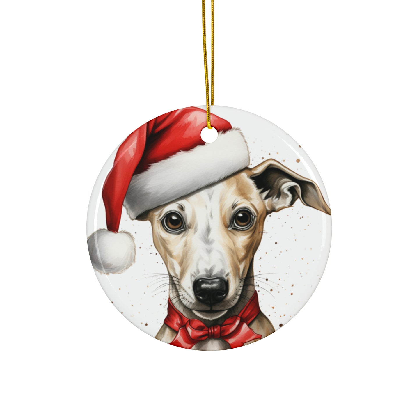 DistinctInk Hanging Ceramic Christmas Tree Ornament with Gold String - Great Gift/Present - 2 3/4 inch Diameter - Whippet Puppy Drawing Design