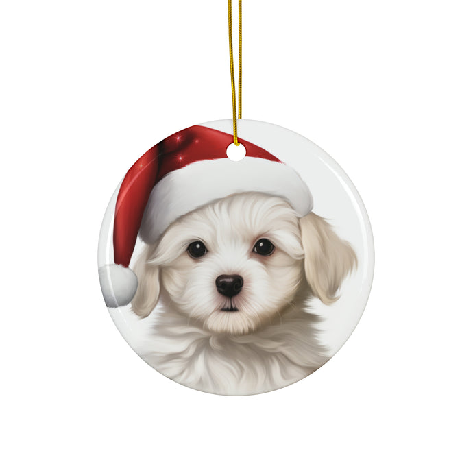 DistinctInk Hanging Ceramic Christmas Tree Ornament with Gold String - Great Gift/Present - 2 3/4 inch Diameter - Maltese Puppy Drawing Design