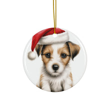 DistinctInk Hanging Ceramic Christmas Tree Ornament with Gold String - Great Gift/Present - 2 3/4 inch Diameter - Parson Russell Terrier Puppy Drawing Design