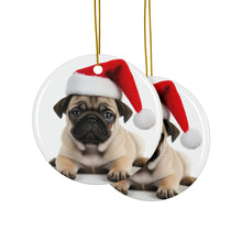 DistinctInk Hanging Ceramic Christmas Tree Ornament with Gold String - Great Gift/Present - 2 3/4 inch Diameter - Pug Puppy Design