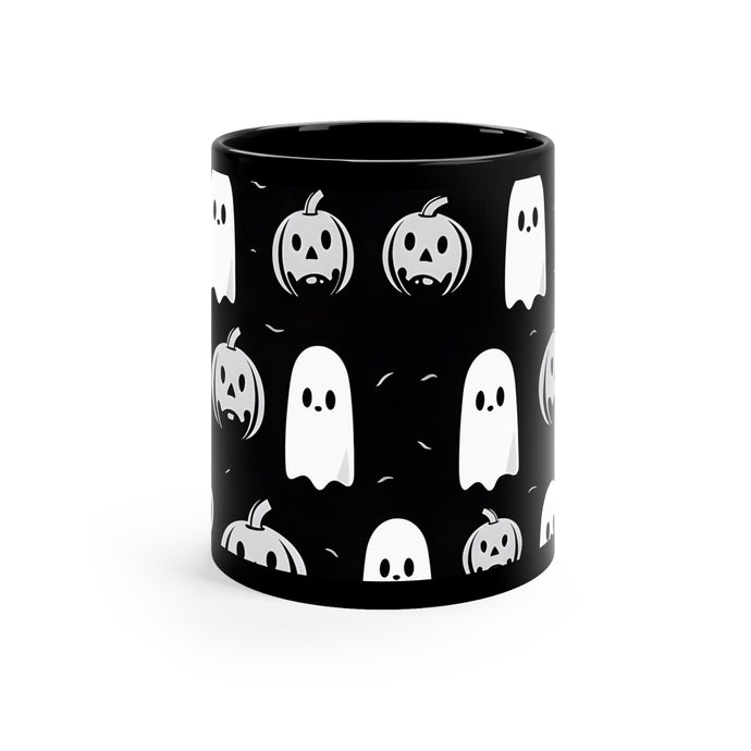 DistinctInk Black Coffee Mug - Skeletal Ghostly Pumpkin Mania for Halloween