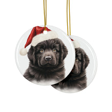 DistinctInk Hanging Ceramic Christmas Tree Ornament with Gold String - Great Gift/Present - 2 3/4 inch Diameter - Newfoundland Puppy Drawing Design