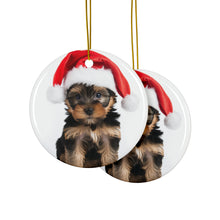 DistinctInk Hanging Ceramic Christmas Tree Ornament with Gold String - Great Gift/Present - 2 3/4 inch Diameter - Yorkshire Terrier Puppy Design