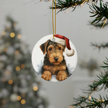 DistinctInk Hanging Ceramic Christmas Tree Ornament with Gold String - Great Gift/Present - 2 3/4 inch Diameter - Welsh Terrier Puppy Drawing Design