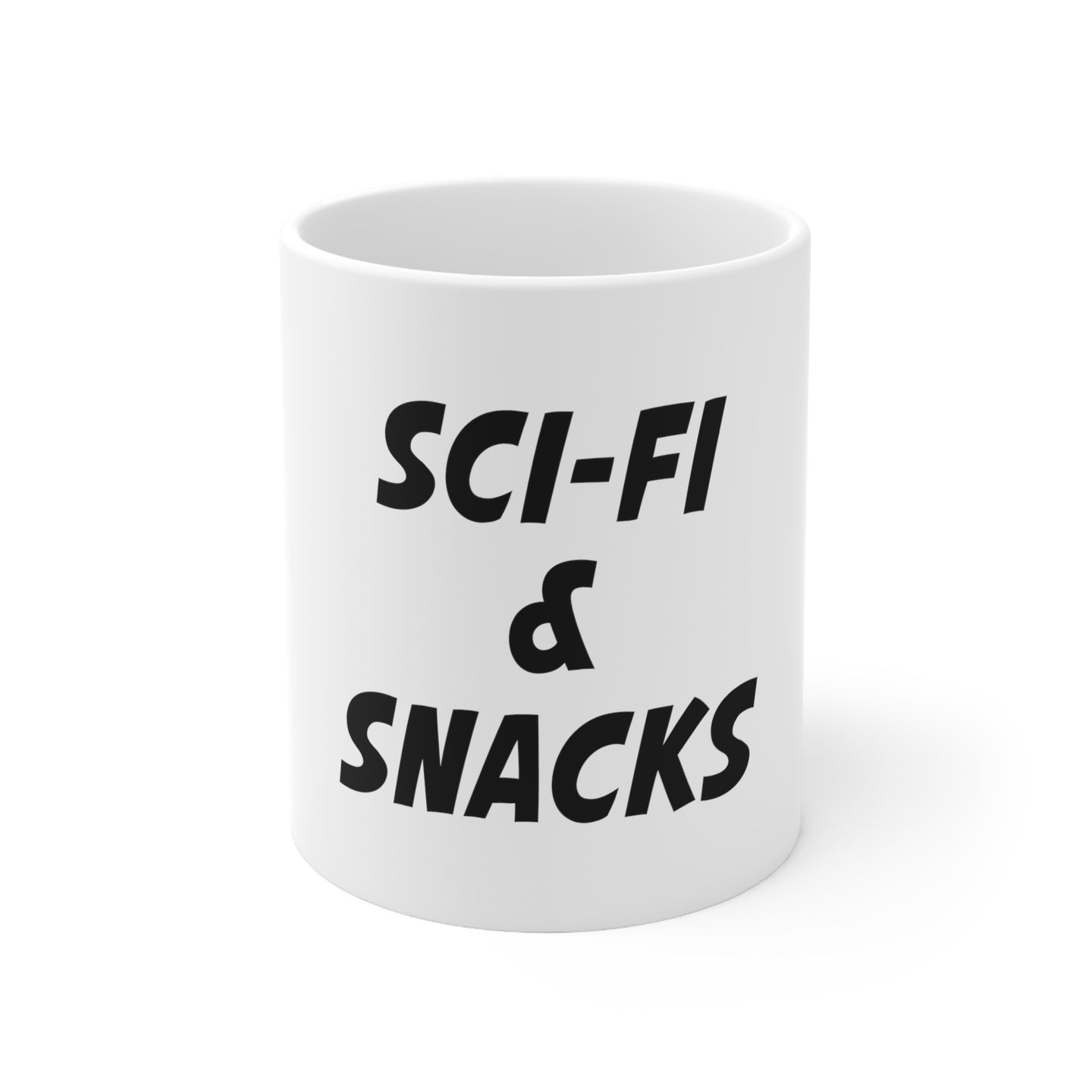 DistinctInk Glossy White Coffee / Tea Mug - Sci-Fi & Snacks