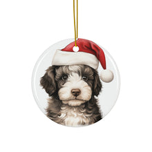 DistinctInk Hanging Ceramic Christmas Tree Ornament with Gold String - Great Gift/Present - 2 3/4 inch Diameter - Spanish Water Dog Puppy Drawing Design
