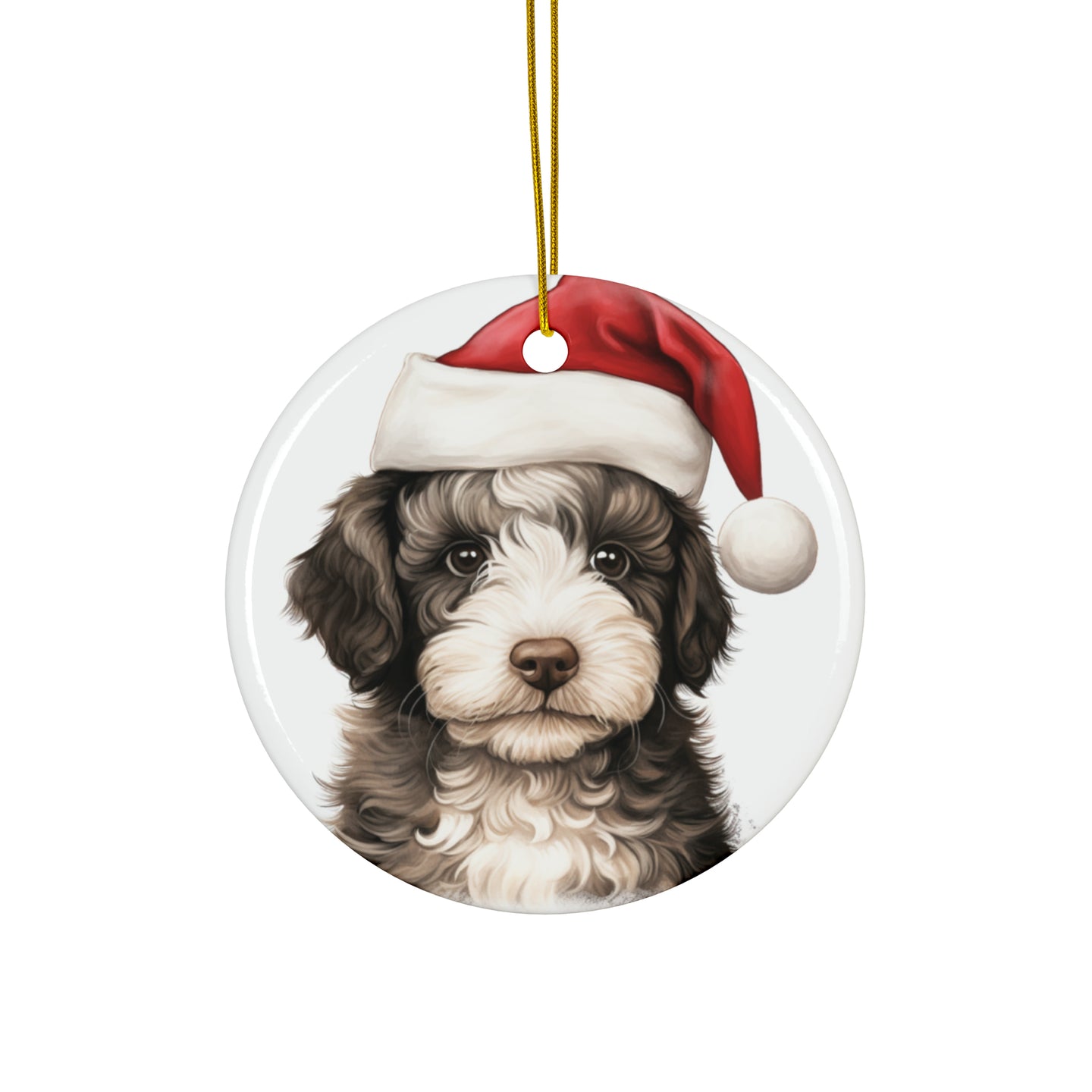DistinctInk Hanging Ceramic Christmas Tree Ornament with Gold String - Great Gift/Present - 2 3/4 inch Diameter - Spanish Water Dog Puppy Drawing Design