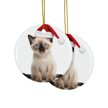 DistinctInk Hanging Ceramic Christmas Tree Ornament with Gold String - Great Gift/Present - 2 3/4 inch Diameter - Siamese Kitten Design