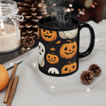DistinctInk Black Coffee Mug - Ghastly Skeleton Pumpkin Party for Halloween