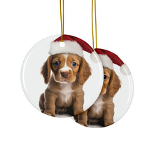 DistinctInk Hanging Ceramic Christmas Tree Ornament with Gold String - Great Gift/Present - 2 3/4 inch Diameter - Harrier Puppy Design