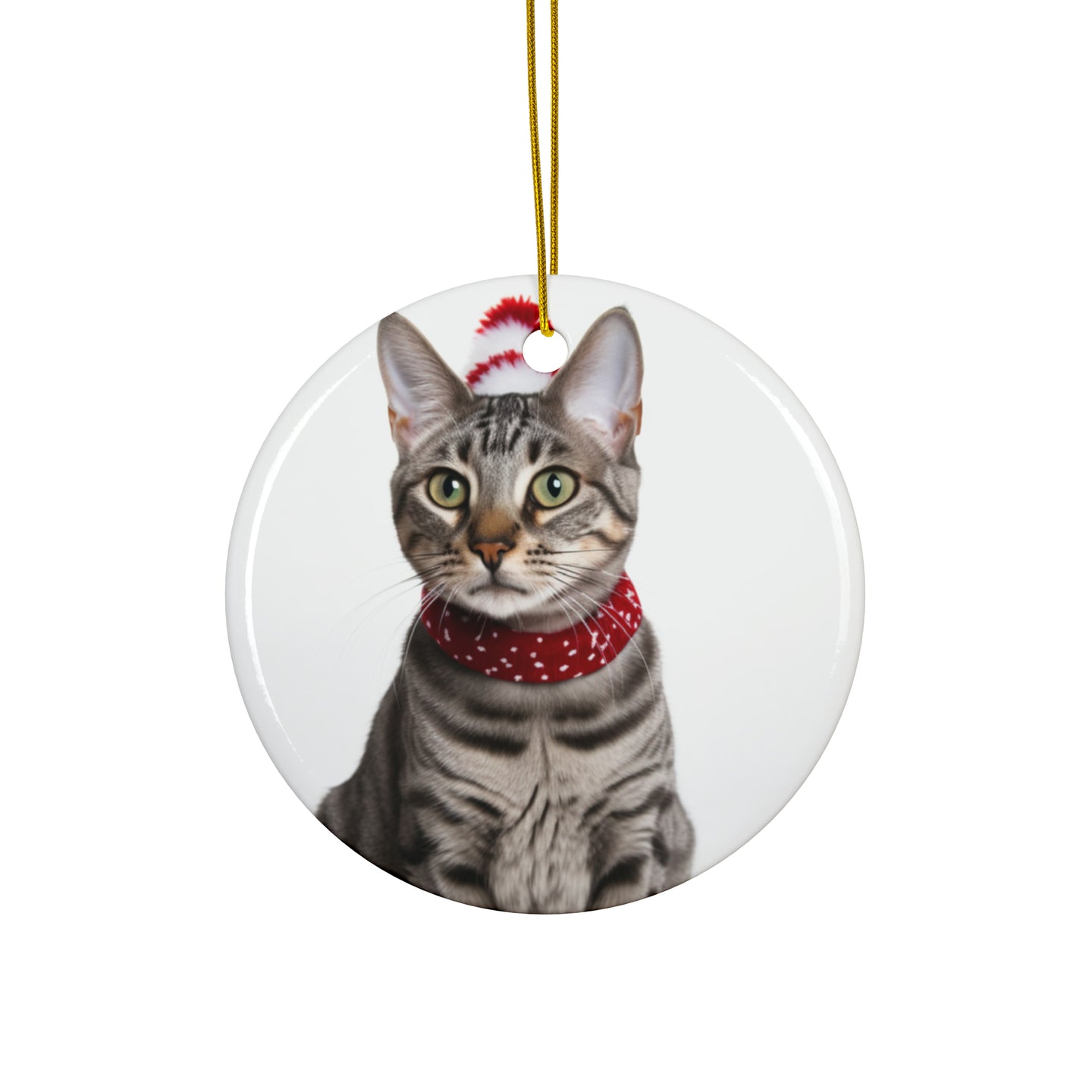 DistinctInk Hanging Ceramic Christmas Tree Ornament with Gold String - Great Gift/Present - 2 3/4 inch Diameter - Egyptian Mau Cat Design
