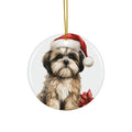 Hanging Ceramic Christmas Tree Ornament with Gold String - Lhasa Apso Puppy Drawing Design