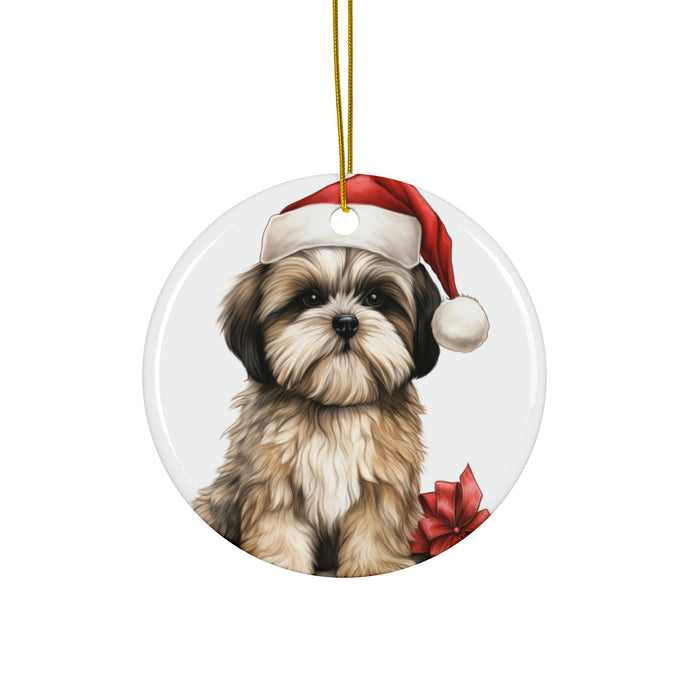 DistinctInk Hanging Ceramic Christmas Tree Ornament with Gold String - Great Gift/Present - 2 3/4 inch Diameter - Lhasa Apso Puppy Drawing Design