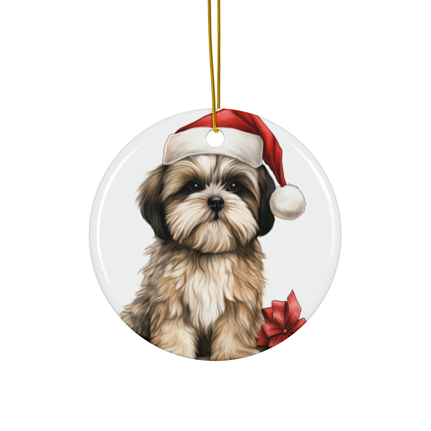 DistinctInk Hanging Ceramic Christmas Tree Ornament with Gold String - Great Gift/Present - 2 3/4 inch Diameter - Lhasa Apso Puppy Drawing Design