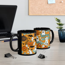 DistinctInk Black Coffee Mug - Flying Pumpkin Bats for Halloween