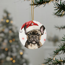 DistinctInk Hanging Ceramic Christmas Tree Ornament with Gold String - Great Gift/Present - 2 3/4 inch Diameter - French Bulldog Drawing Design