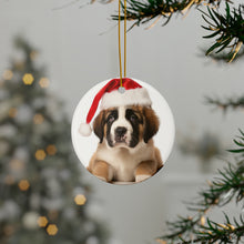 DistinctInk Hanging Ceramic Christmas Tree Ornament with Gold String - Great Gift/Present - 2 3/4 inch Diameter - St. Bernard Puppy Design
