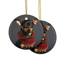 DistinctInk Hanging Ceramic Christmas Tree Ornament with Gold String - Great Gift/Present - 2 3/4 inch Diameter - Miniature Pinscher Design