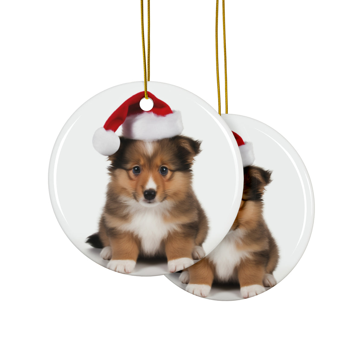 Hanging Ceramic Christmas Tree Ornament with Gold String - Shetland Sheepdog Puppy Design, view 2