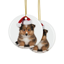 DistinctInk Hanging Ceramic Christmas Tree Ornament with Gold String - Great Gift/Present - 2 3/4 inch Diameter - Shetland Sheepdog Puppy Design