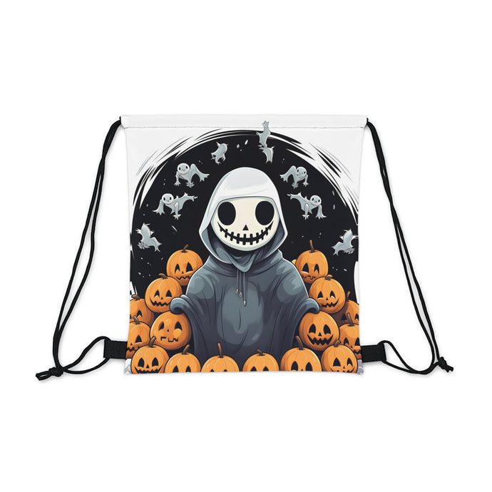 DistinctInk Drawstring Bag / Backpack with Skeleton Ghost and Pumpkin Design for Halloween
