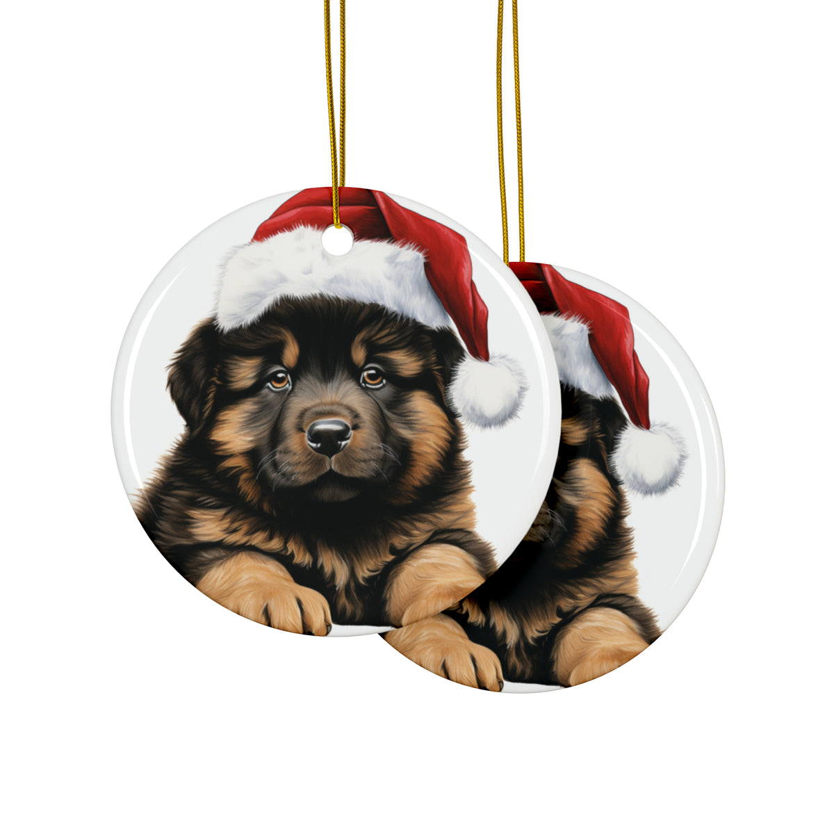 Hanging Ceramic Christmas Tree Ornament with Gold String - Tibetan Mastiff Puppy Drawing Design, view 2
