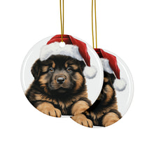 DistinctInk Hanging Ceramic Christmas Tree Ornament with Gold String - Great Gift/Present - 2 3/4 inch Diameter - Tibetan Mastiff Puppy Drawing Design