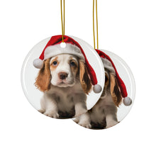 DistinctInk Hanging Ceramic Christmas Tree Ornament with Gold String - Great Gift/Present - 2 3/4 inch Diameter - Clumber Spaniel Puppy Design
