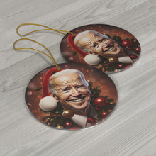 DistinctInk Hanging Ceramic Christmas Tree Ornament Charm with Gold String - Great Gift/Present - 2 3/4 inch Diameter - Biden's Merry Christmas Santa Hat