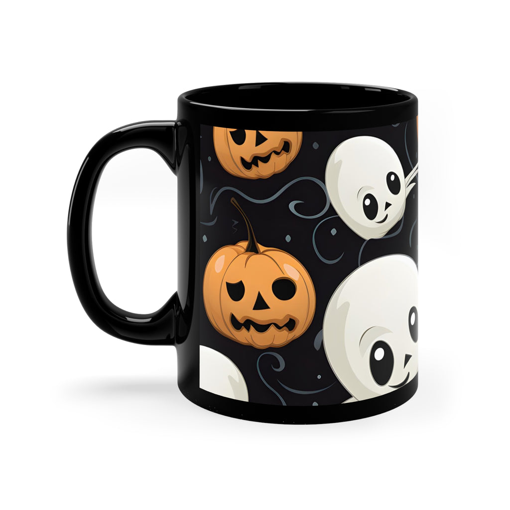 Black Coffee Mug - Ghost Skeleton Pumpkin Pattern for Halloween, view 2