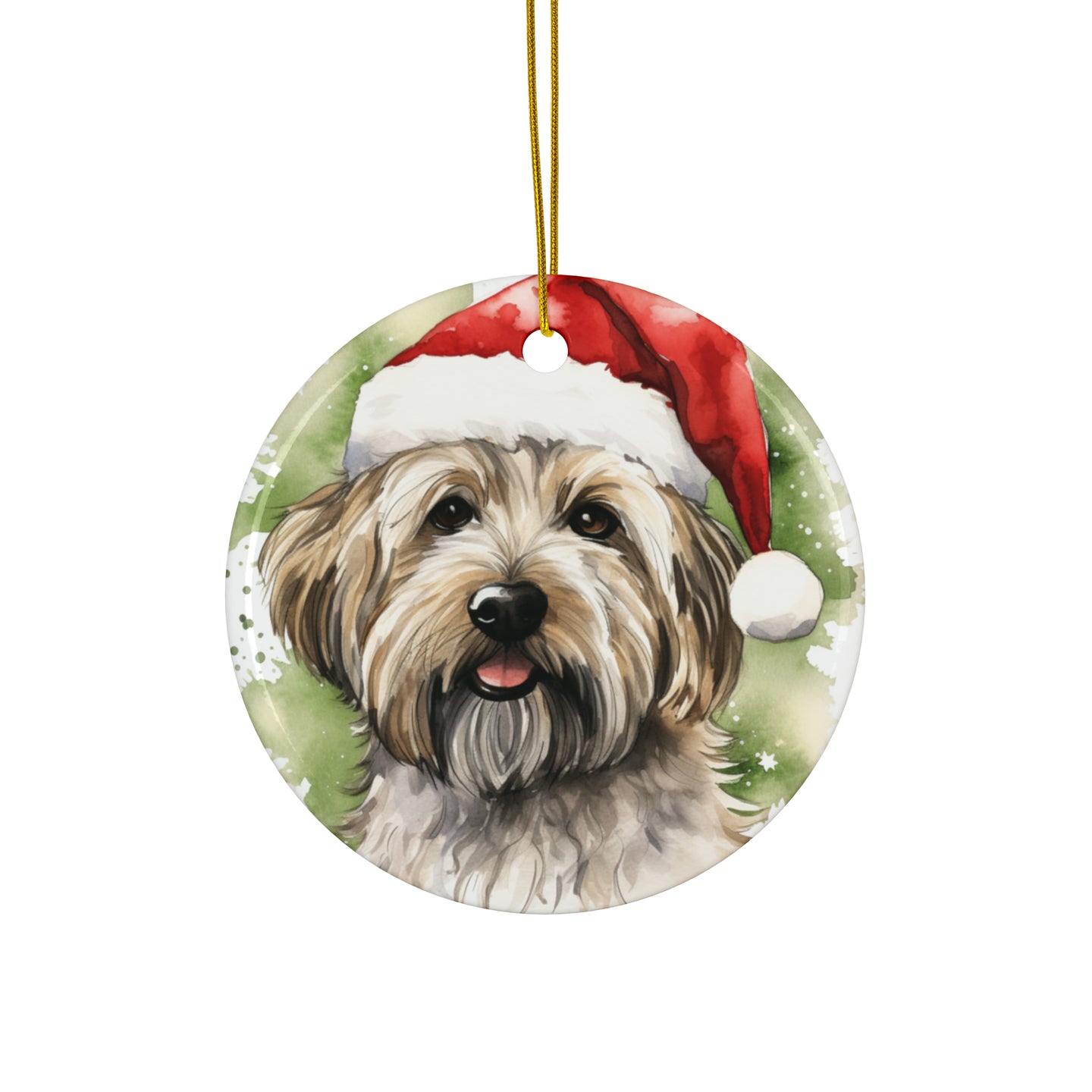 DistinctInk Hanging Ceramic Christmas Tree Ornament with Gold String - Great Gift/Present - 2 3/4 inch Diameter - Dandie Dinmont Terrier Design