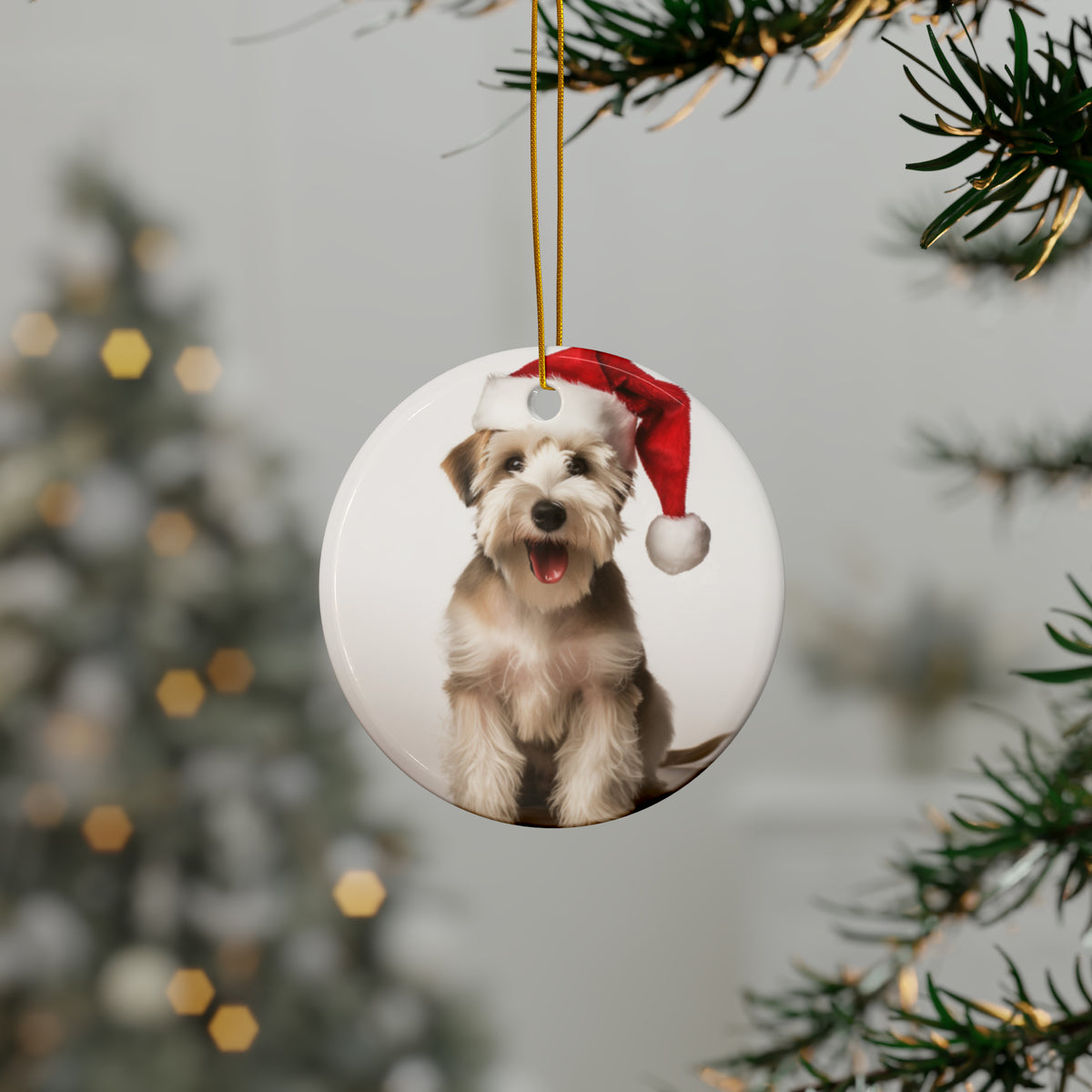 Hanging Ceramic Christmas Tree Ornament with Gold String - Sealyham Terrier Design, view 3
