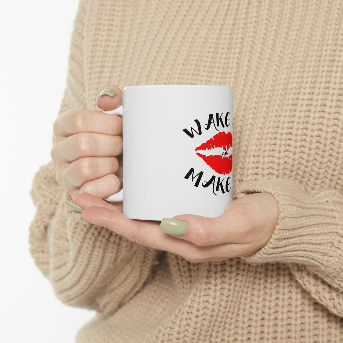 Glossy White Coffee / Tea Mug - Wake Up and Make Up, view 10